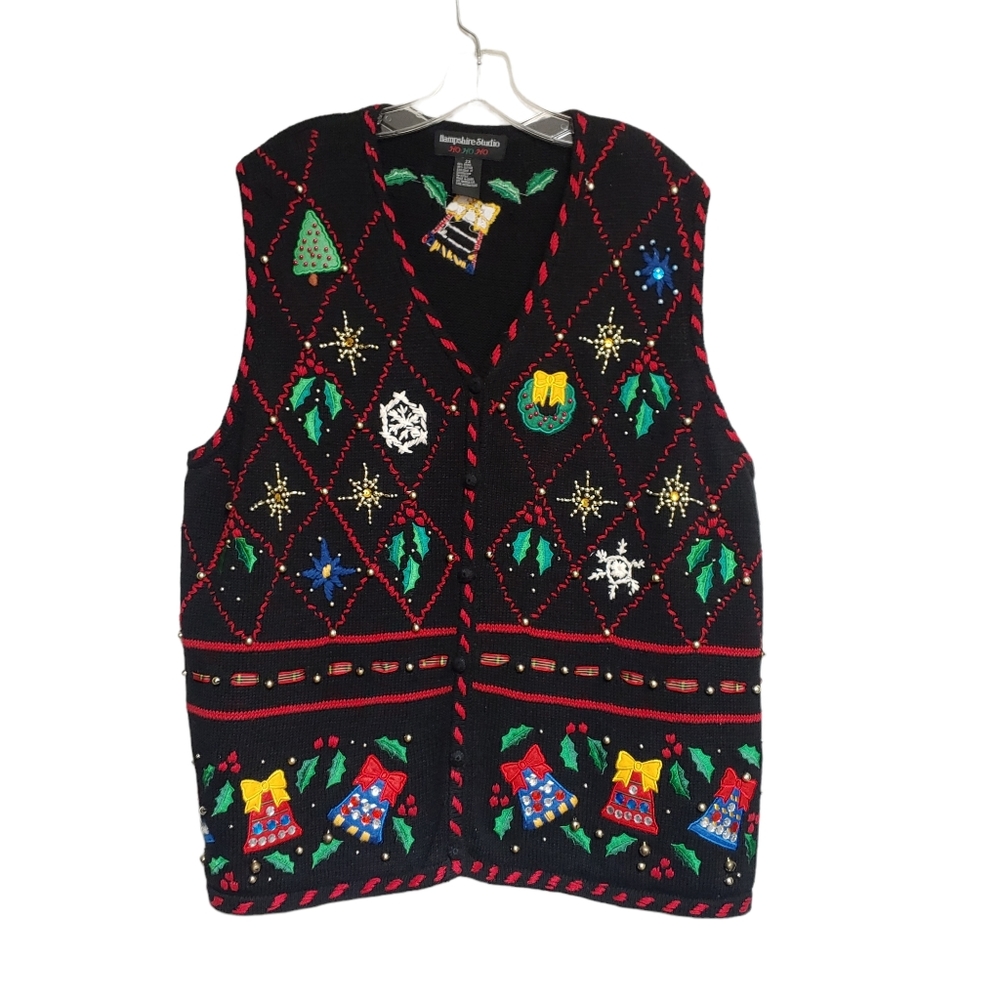 Hampshire Studio Knit 2X Ugly Sweater Vest Holiday Christmas Beaded Jingles